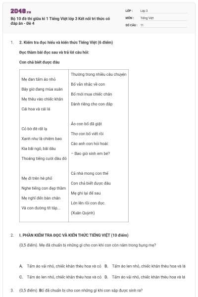 Bộ 10 đề thi giữa kì 1 Tiếng Việt lớp 3 Kết nối tri thức có đáp án - Đề 4