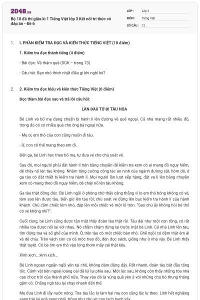 Bộ 10 đề thi giữa kì 1 Tiếng Việt lớp 3 Kết nối tri thức có đáp án - Đề 6