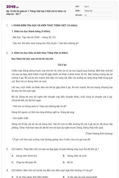 Bộ 10 đề thi giữa kì 1 Tiếng Việt lớp 3 Kết nối tri thức có đáp án - Đề 7