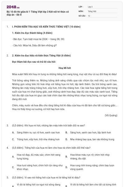 Bộ 10 đề thi giữa kì 1 Tiếng Việt lớp 3 Kết nối tri thức có đáp án - Đề 8