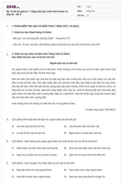 Bộ 10 đề thi giữa kì 1 Tiếng Việt lớp 3 Kết nối tri thức có đáp án - Đề 9