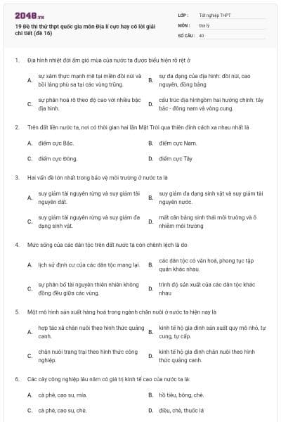19 Đề thi thử thpt quốc gia môn Địa lí cực hay có lời giải chi tiết (đề 16)
