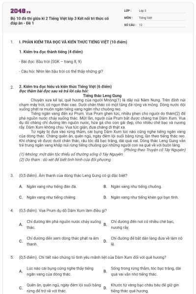 Bộ 10 đề thi giữa kì 2 Tiếng Việt lớp 3 Kết nối tri thức có đáp án - Đề 1