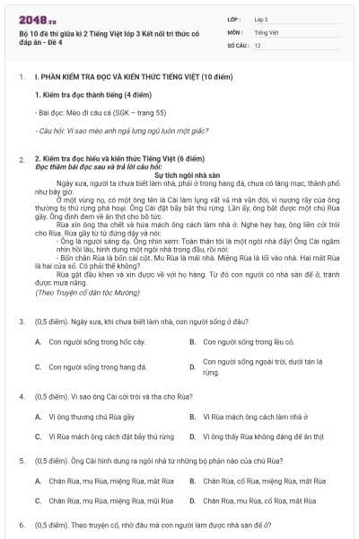 Bộ 10 đề thi giữa kì 2 Tiếng Việt lớp 3 Kết nối tri thức có đáp án - Đề 4
