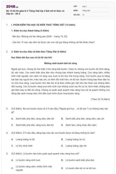 Bộ 10 đề thi giữa kì 2 Tiếng Việt lớp 3 Kết nối tri thức có đáp án - Đề 6