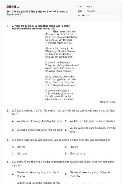 Bộ 10 đề thi giữa kì 2 Tiếng Việt lớp 3 Kết nối tri thức có đáp án - Đề 7
