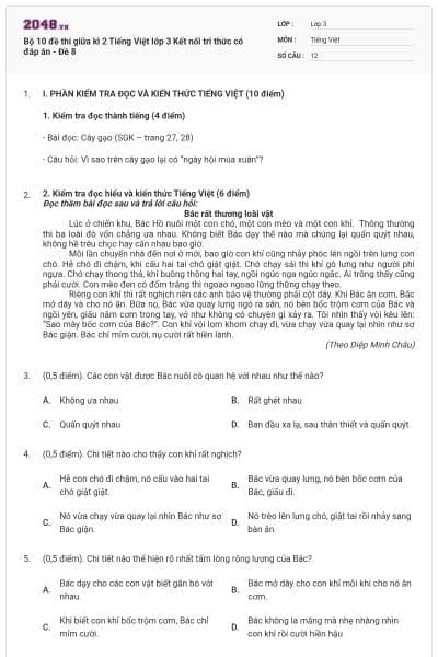 Bộ 10 đề thi giữa kì 2 Tiếng Việt lớp 3 Kết nối tri thức có đáp án - Đề 8