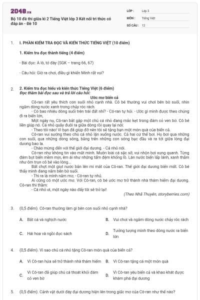 Bộ 10 đề thi giữa kì 2 Tiếng Việt lớp 3 Kết nối tri thức có đáp án - Đề 10