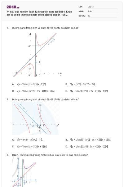 74 câu trắc nghiệm Toán 12 Chân trời sáng tạo Bài 4. Khảo sát và vẽ đồ thị một số hàm số cơ bản có đáp án - Đề 2