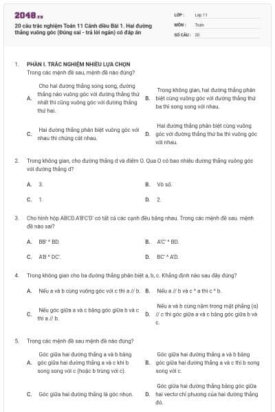 20 câu trắc nghiệm Toán 11 Cánh diều Bài 1. Hai đường thẳng vuông góc (Đúng sai - trả lời ngắn) có đáp án