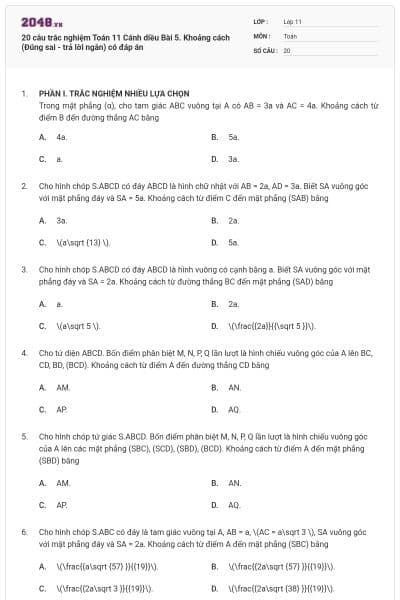 20 câu trắc nghiệm Toán 11 Cánh diều Bài 5. Khoảng cách (Đúng sai - trả lời ngắn) có đáp án