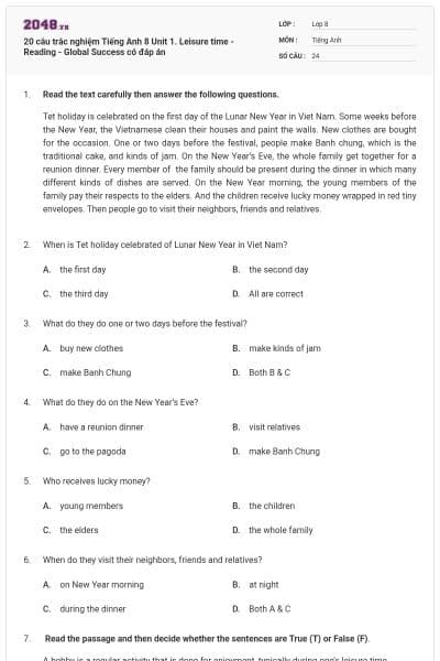 20 câu trắc nghiệm Tiếng Anh 8 Unit 1. Leisure time - Reading - Global Success có đáp án