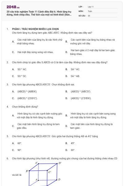 20 câu trắc nghiệm Toán 11 Cánh diều Bài 6. Hình lăng trụ đứng, hình chóp đều. Thể tích của một số hình khối (Đúng sai - trả lời ngắn) có đáp án
