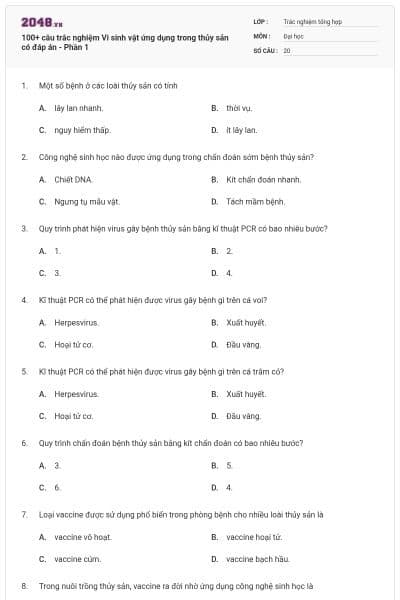 100+ câu trắc nghiệm Vi sinh vật ứng dụng trong thủy sản có đáp án - Phần 1