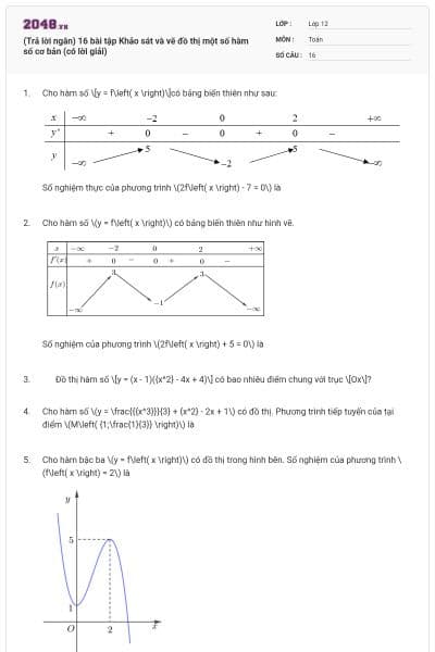 (Trả lời ngắn) 16 bài tập Khảo sát và vẽ đồ thị một số hàm số cơ bản (có lời giải)