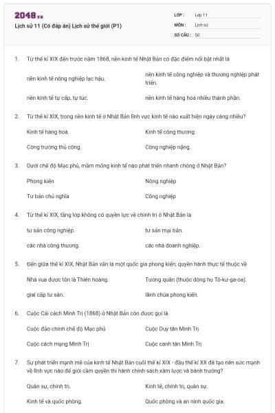 Lịch sử 11 (Có đáp án) Lịch sử thế giới (P1)