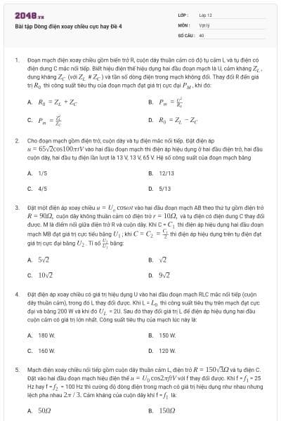 Bài tập Dòng điện xoay chiều cực hay Đề 4
