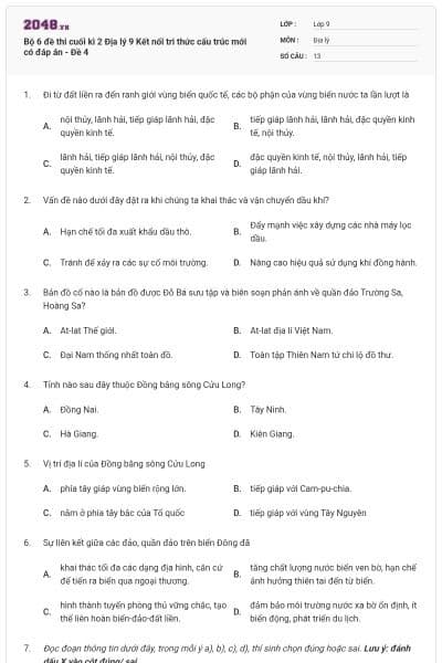 Bộ 6 đề thi cuối kì 2 Địa lý 9 Kết nối tri thức cấu trúc mới có đáp án - Đề 4