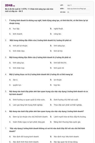 Bộ 6 đề thi cuối kì 1 KTPL 11 Chân trời sáng tạo cấu trúc mới có đáp án - Đề 5
