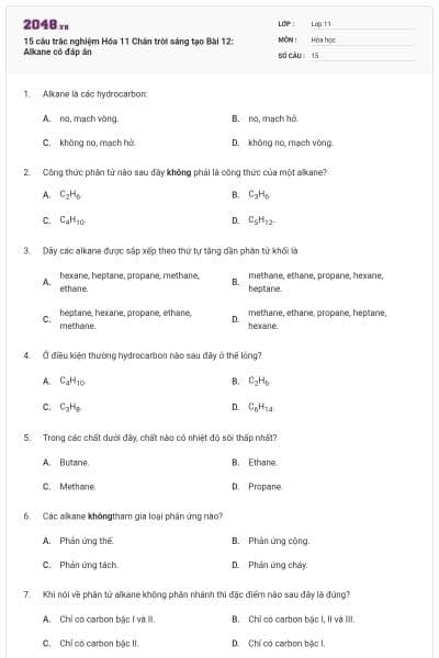 15 câu trắc nghiệm Hóa 11 Chân trời sáng tạo Bài 12: Alkane có đáp án