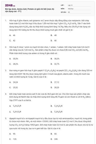 Bài tập Amin, Amino Axit, Protein có giải chi tiết (mức độ vận dụng cao - P1)
