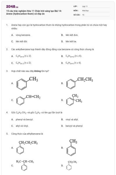 15 câu trắc nghiệm Hóa 11 Chân trời sáng tạo Bài 14: Arene (hydrocarbon thơm) có đáp án