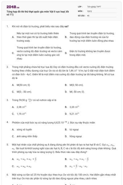 Tổng hợp đề thi thử thpt quốc gia môn Vật lí cực hay( đề số 11)