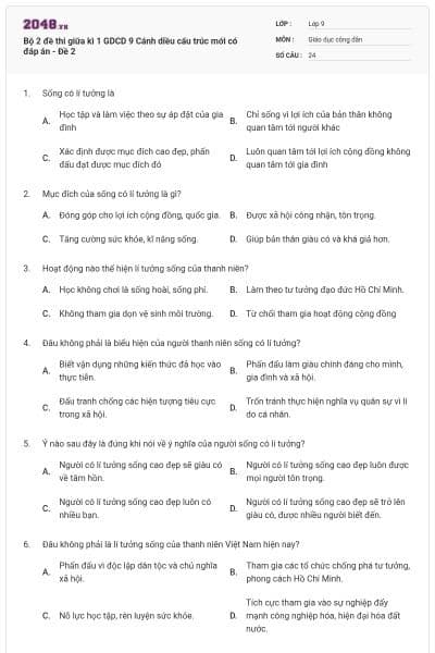 Bộ 2 đề thi giữa kì 1 GDCD 9 Cánh diều cấu trúc mới có đáp án - Đề 2