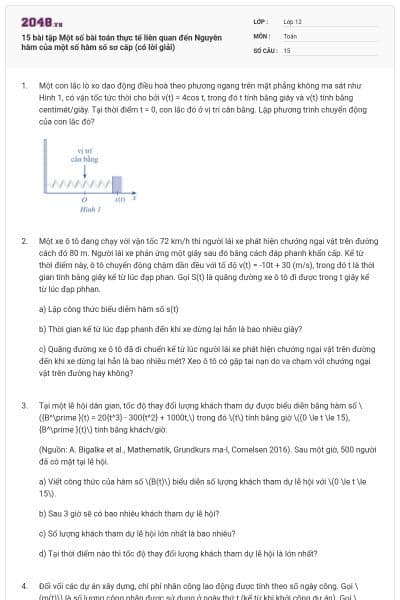 15 bài tập Một số bài toán thực tế liên quan đến Nguyên hàm của một số hàm số sơ cấp (có lời giải)