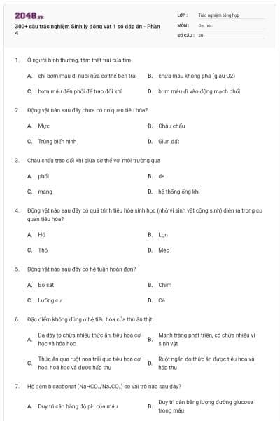 300+ câu trắc nghiệm Sinh lý động vật 1 có đáp án - Phần 4