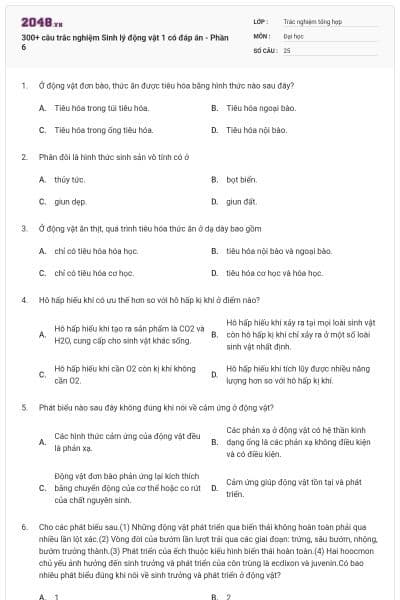 300+ câu trắc nghiệm Sinh lý động vật 1 có đáp án - Phần 6