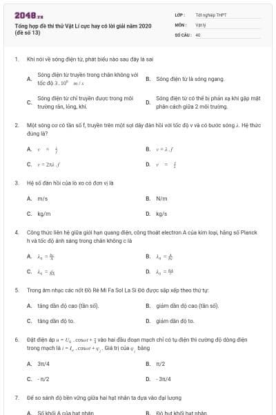 Tổng hợp đề thi thử Vật Lí cực hay có lời giải năm 2020 (đề số 13)