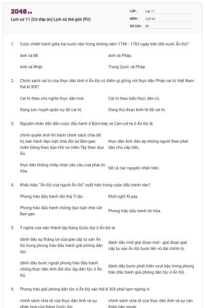 Lịch sử 11 (Có đáp án) Lịch sử thế giới (P2)
