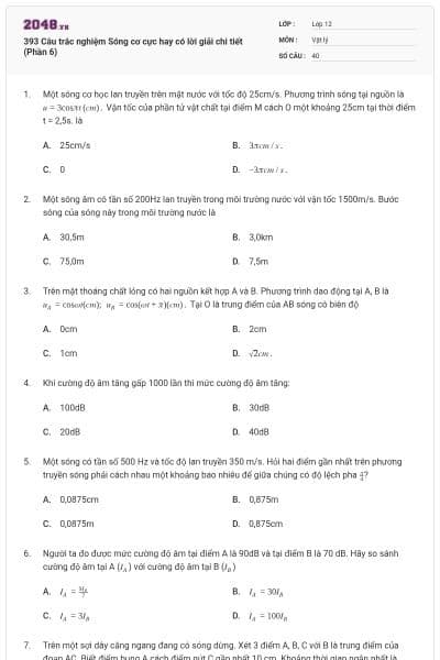 393 Câu trắc nghiệm Sóng cơ cực hay có lời giải chi tiết (Phần 6)