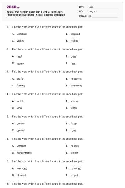20 câu trắc nghiệm Tiếng Anh 8 Unit 3. Teenagers -Phonetics and Speaking - Global Success có đáp án