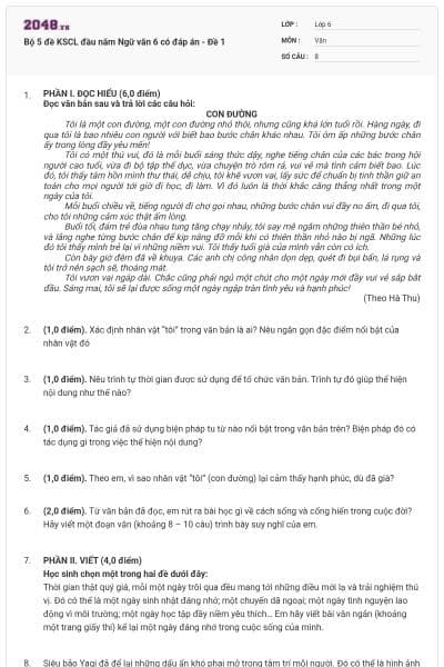 Bộ 5 đề KSCL đầu năm Ngữ văn 6 có đáp án - Đề 1