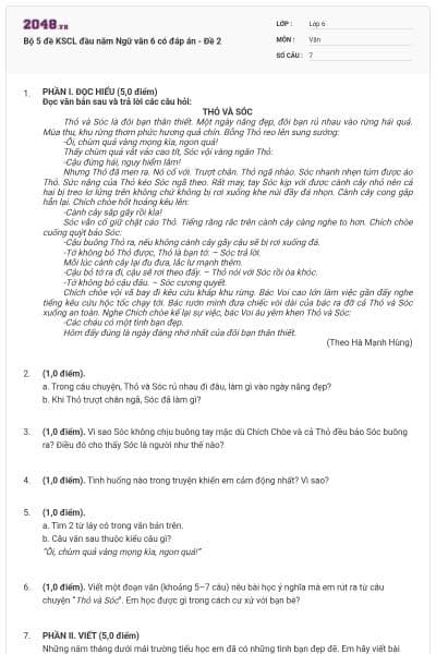 Bộ 5 đề KSCL đầu năm Ngữ văn 6 có đáp án - Đề 2