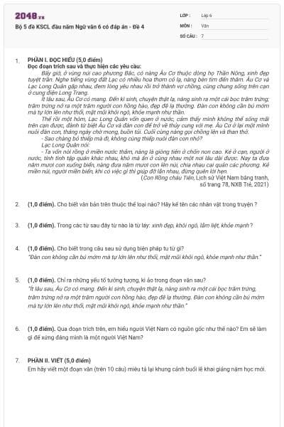 Bộ 5 đề KSCL đầu năm Ngữ văn 6 có đáp án - Đề 4