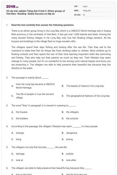 20 câu trắc nghiệm Tiếng Anh 8 Unit 4. Ethnic groups of Viet Nam -Reading- Global Success có đáp án