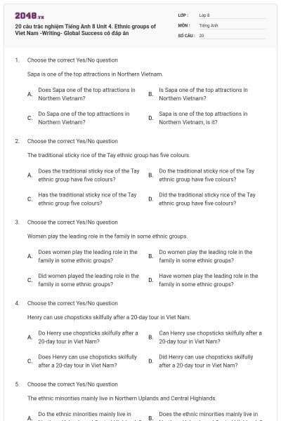 20 câu trắc nghiệm Tiếng Anh 8 Unit 4. Ethnic groups of Viet Nam -Writing- Global Success có đáp án