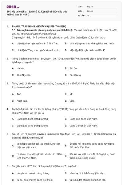 Bộ 3 đề thi cuối kì 1 Lịch sử 12 Kết nối tri thức cấu trúc mới có đáp án - Đề 2
