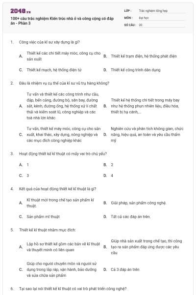 100+ câu trắc nghiệm Kiến trúc nhà ở và công cộng có đáp án - Phần 3
