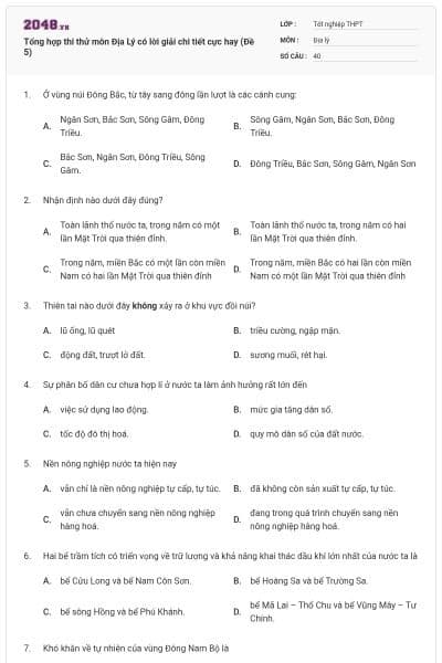 Tổng hợp thi thử môn Địa Lý có lời giải chi tiết cực hay (Đề 5)