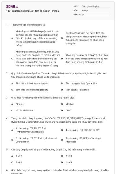 100+ câu trắc nghiệm Lưới điện có đáp án - Phần 2