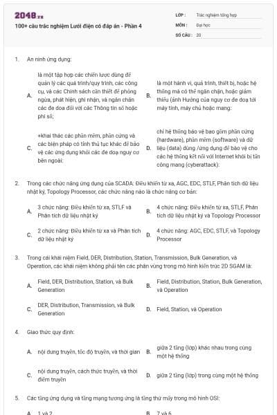 100+ câu trắc nghiệm Lưới điện có đáp án - Phần 4