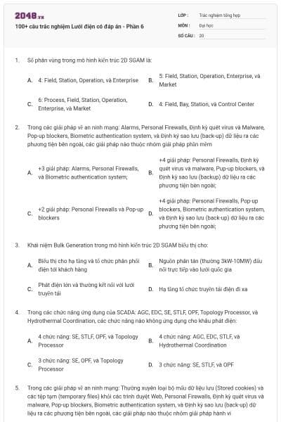 100+ câu trắc nghiệm Lưới điện có đáp án - Phần 6