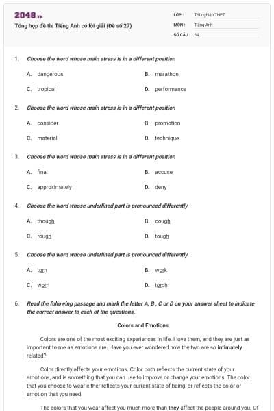 Tổng hợp đề thi Tiếng Anh có lời giải (Đề số 27)