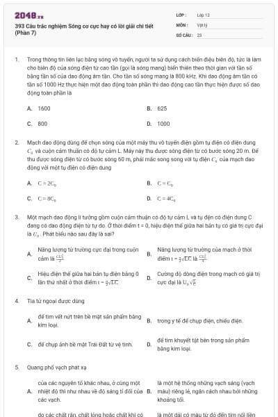 393 Câu trắc nghiệm Sóng cơ cực hay có lời giải chi tiết (Phần 7)