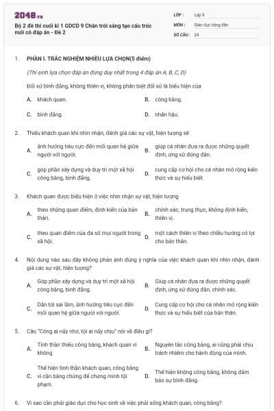 Bộ 2 đề thi cuối kì 1 GDCD 9 Chân trời sáng tạo cấu trúc mới có đáp án - Đề 2
