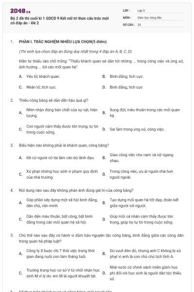 Bộ 2 đề thi cuối kì 1 GDCD 9 Kết nối tri thức cấu trúc mới có đáp án - Đề 2